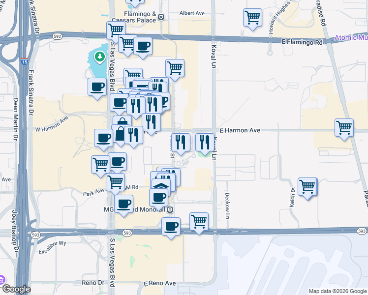 map of restaurants, bars, coffee shops, grocery stores, and more near 212 Audrie Street in Las Vegas