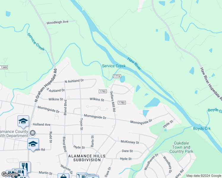 map of restaurants, bars, coffee shops, grocery stores, and more near North Sellars Mill Road in Burlington
