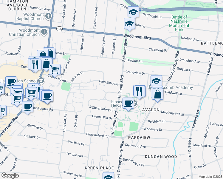 map of restaurants, bars, coffee shops, grocery stores, and more near 1606 Observatory Drive in Nashville