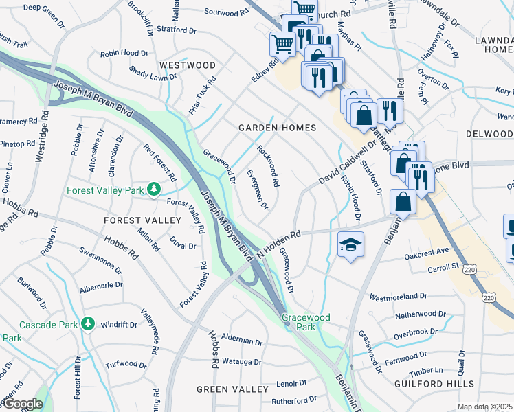 map of restaurants, bars, coffee shops, grocery stores, and more near 2703 Rockwood Road in Greensboro