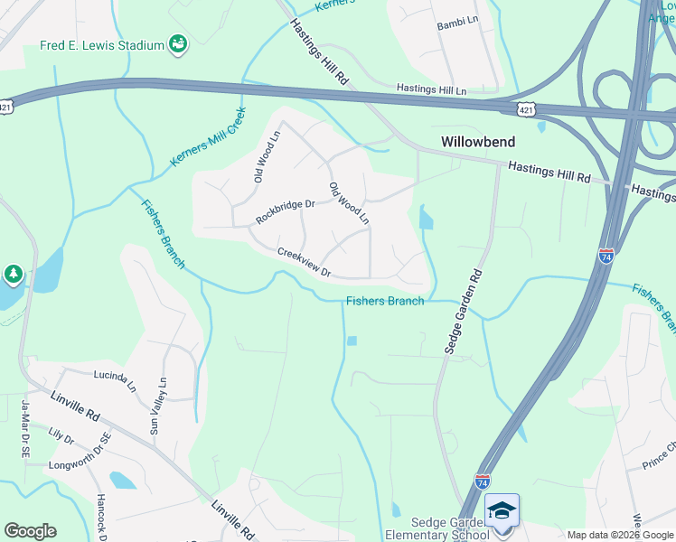 map of restaurants, bars, coffee shops, grocery stores, and more near 360 Creekview Drive in Kernersville