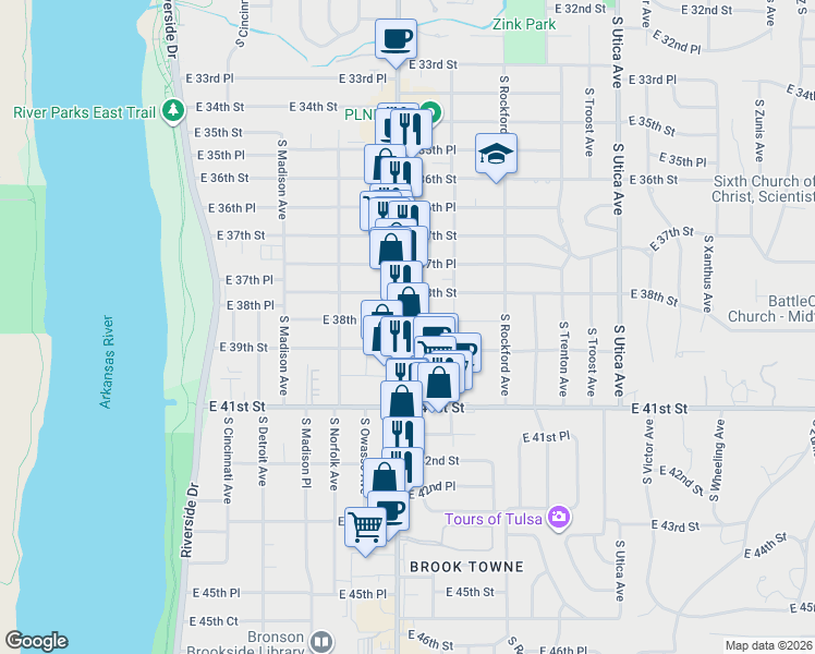 map of restaurants, bars, coffee shops, grocery stores, and more near 3840 South Peoria Avenue in Tulsa