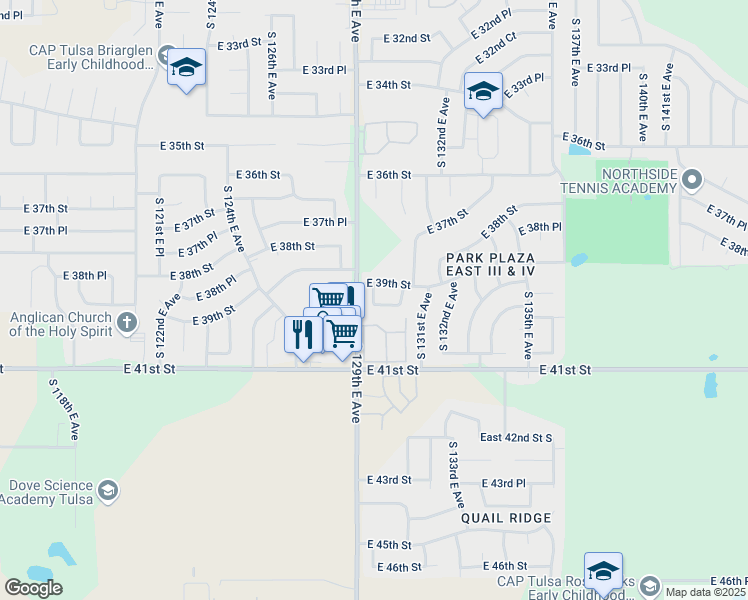 map of restaurants, bars, coffee shops, grocery stores, and more near 4019 South 130th East Avenue in Tulsa