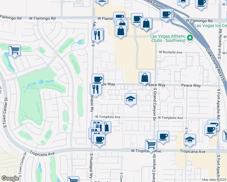 map of restaurants, bars, coffee shops, grocery stores, and more near 10001 Peace Way in Las Vegas