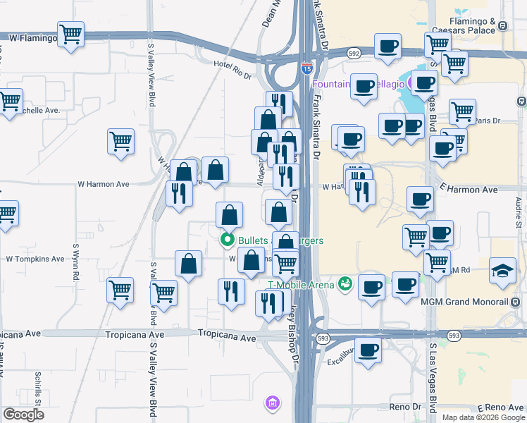 map of restaurants, bars, coffee shops, grocery stores, and more near 4565 Dean Martin Drive in Las Vegas