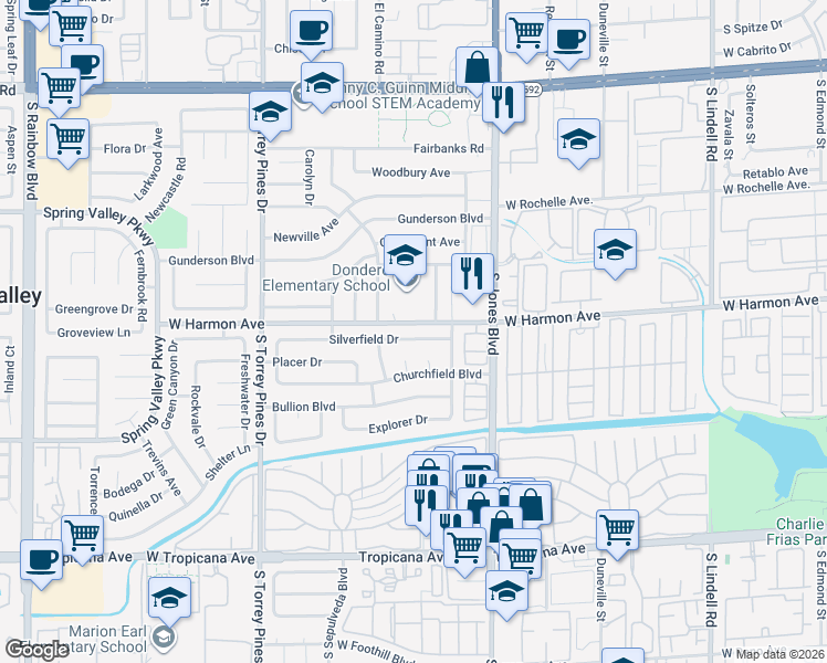 map of restaurants, bars, coffee shops, grocery stores, and more near 6249 Silverfield Drive in Las Vegas