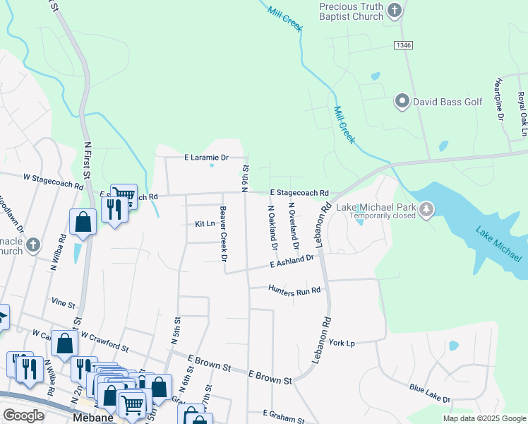 map of restaurants, bars, coffee shops, grocery stores, and more near 714 North 9th Street in Mebane
