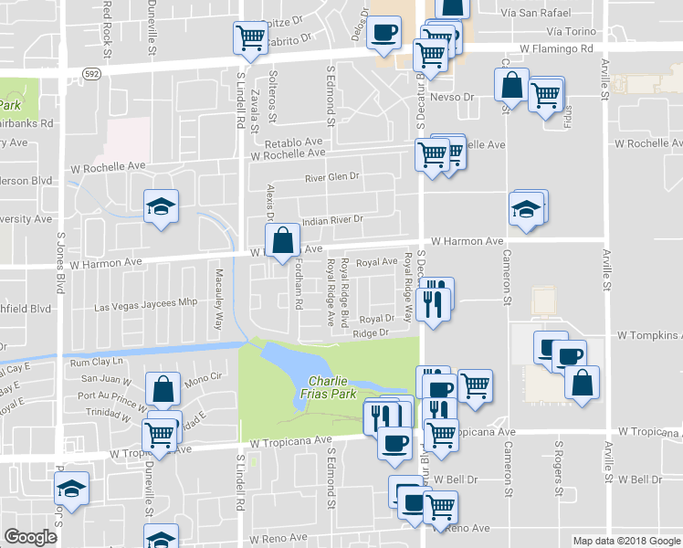 map of restaurants, bars, coffee shops, grocery stores, and more near 4557 Royal Ridge Boulevard in Las Vegas
