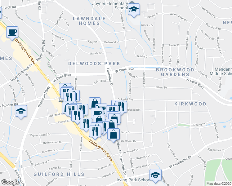 map of restaurants, bars, coffee shops, grocery stores, and more near 2904 Lawndale Drive in Greensboro