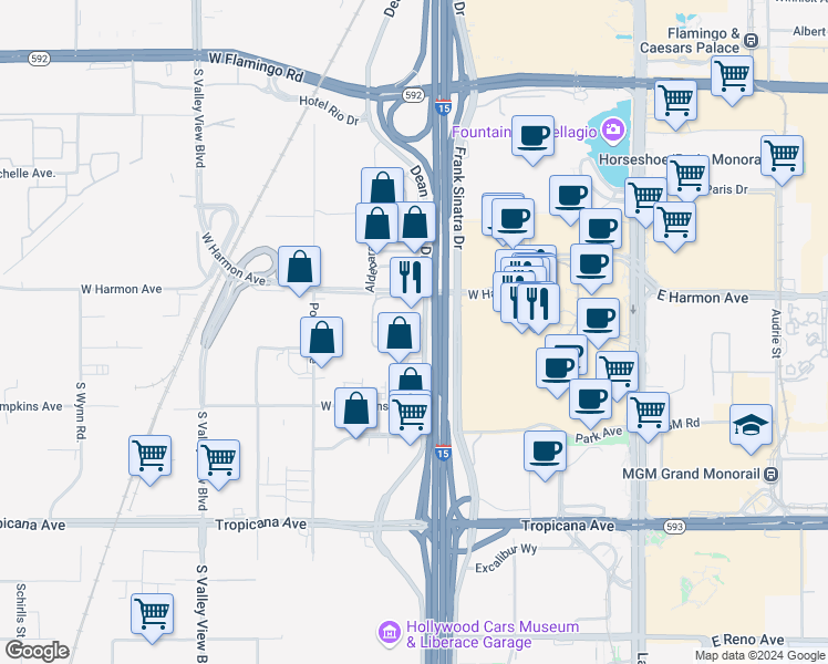 map of restaurants, bars, coffee shops, grocery stores, and more near 4585 Dean Martin Drive in Las Vegas
