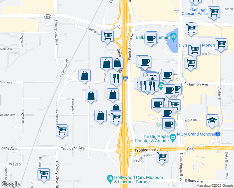 map of restaurants, bars, coffee shops, grocery stores, and more near 4585 Dean Martin Drive in Las Vegas