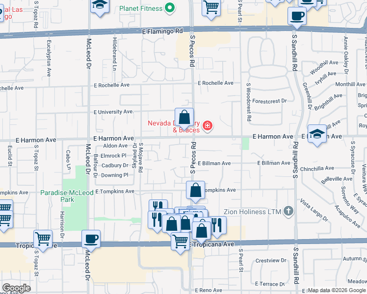 map of restaurants, bars, coffee shops, grocery stores, and more near 4560 Brighton Drive in Las Vegas