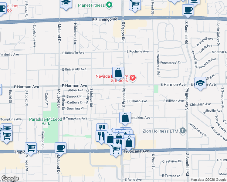 map of restaurants, bars, coffee shops, grocery stores, and more near 4560 Brookside Way in Las Vegas