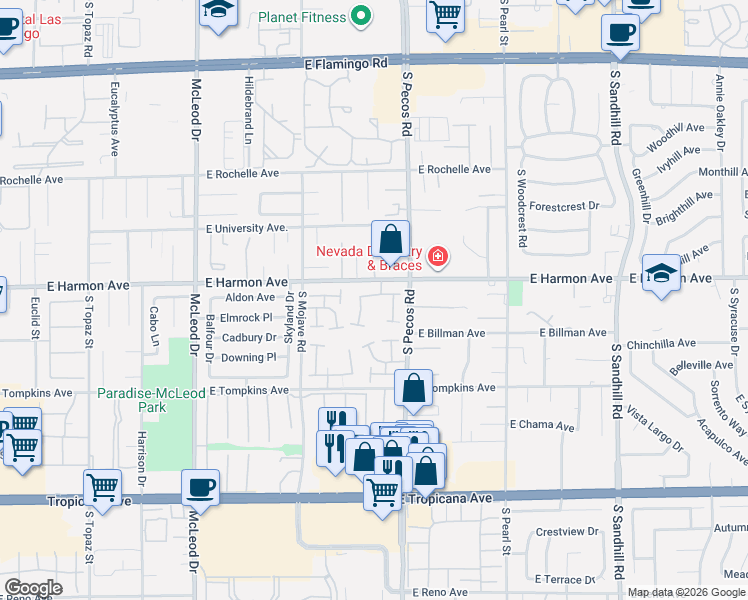map of restaurants, bars, coffee shops, grocery stores, and more near 4560 Brookside Way in Las Vegas