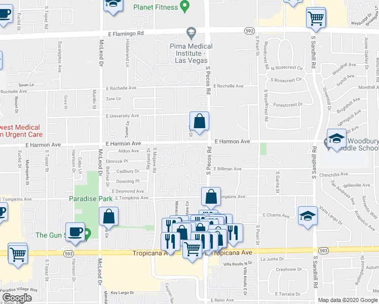 map of restaurants, bars, coffee shops, grocery stores, and more near 4560 Brookside Way in Las Vegas