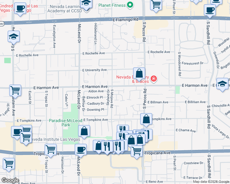 map of restaurants, bars, coffee shops, grocery stores, and more near 4552 Skyland Drive in Las Vegas
