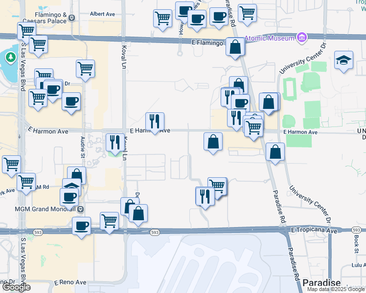 map of restaurants, bars, coffee shops, grocery stores, and more near 303 East Harmon Avenue in Las Vegas