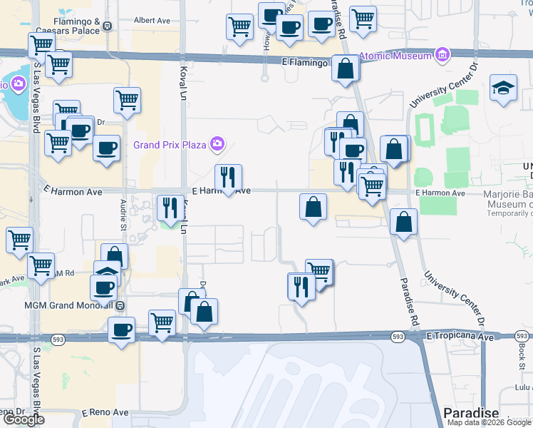 map of restaurants, bars, coffee shops, grocery stores, and more near 303 East Harmon Avenue in Las Vegas