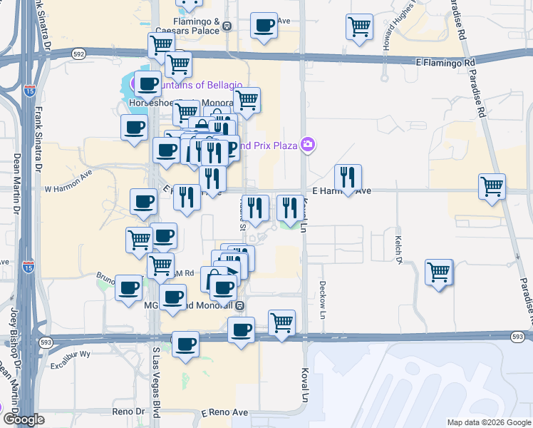 map of restaurants, bars, coffee shops, grocery stores, and more near in Las Vegas
