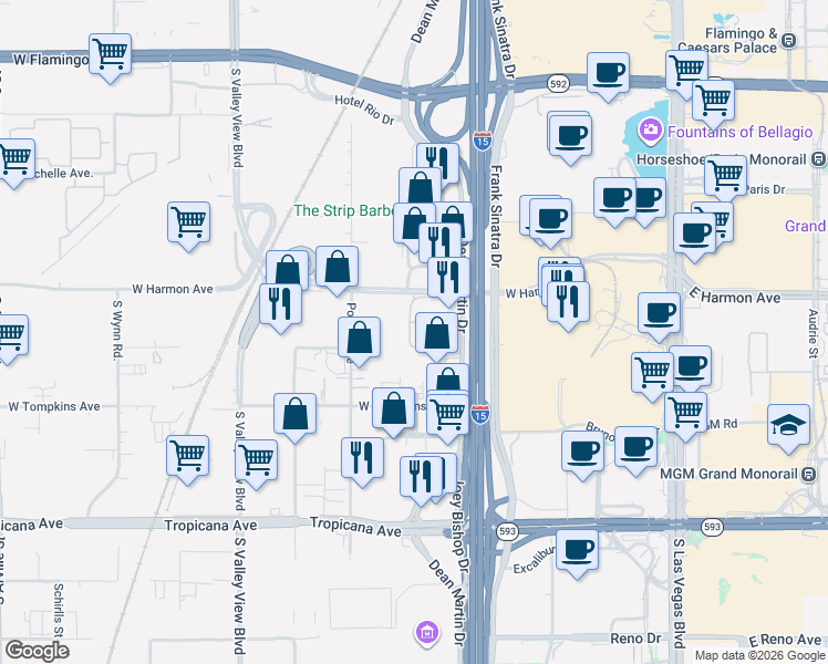 map of restaurants, bars, coffee shops, grocery stores, and more near 4565 Dean Martin Drive in Las Vegas