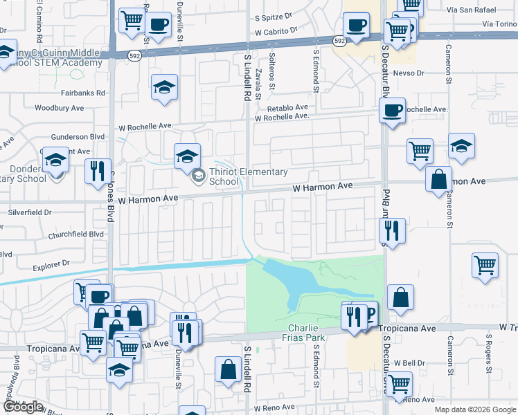 map of restaurants, bars, coffee shops, grocery stores, and more near 5415 West Harmon Avenue in Las Vegas