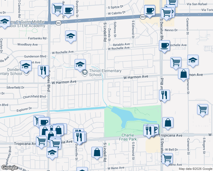 map of restaurants, bars, coffee shops, grocery stores, and more near 5415 West Harmon Avenue in Las Vegas