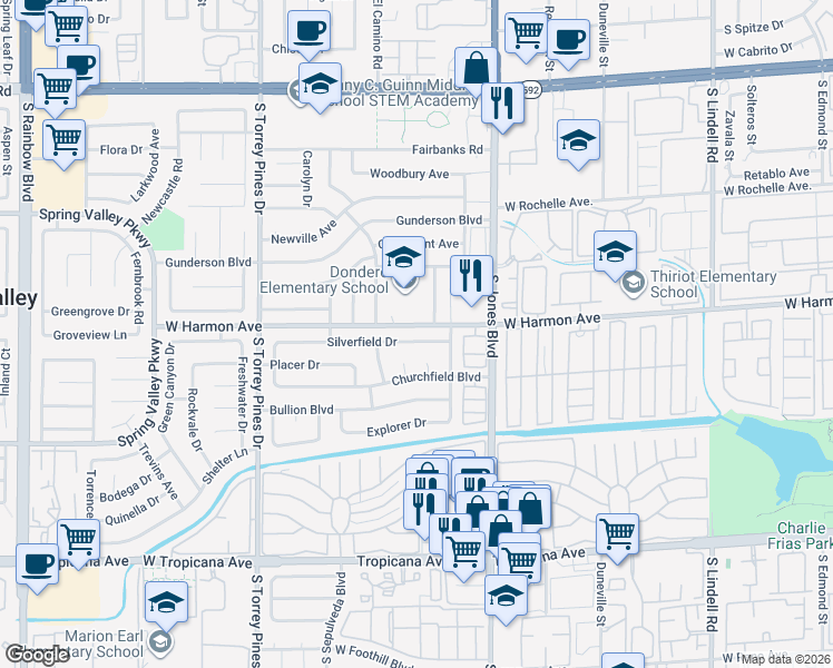 map of restaurants, bars, coffee shops, grocery stores, and more near 6249 Silverfield Drive in Las Vegas