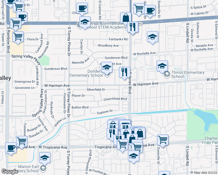 map of restaurants, bars, coffee shops, grocery stores, and more near 6249 Silverfield Drive in Las Vegas