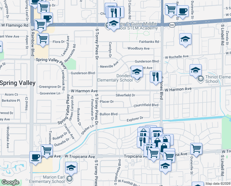 map of restaurants, bars, coffee shops, grocery stores, and more near 6389 Silverfield Drive in Las Vegas