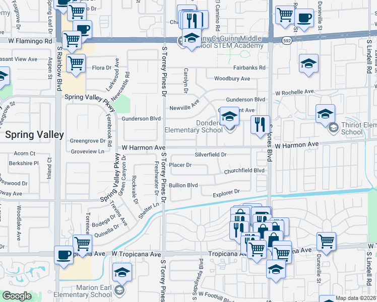 map of restaurants, bars, coffee shops, grocery stores, and more near 6389 Silverfield Drive in Las Vegas