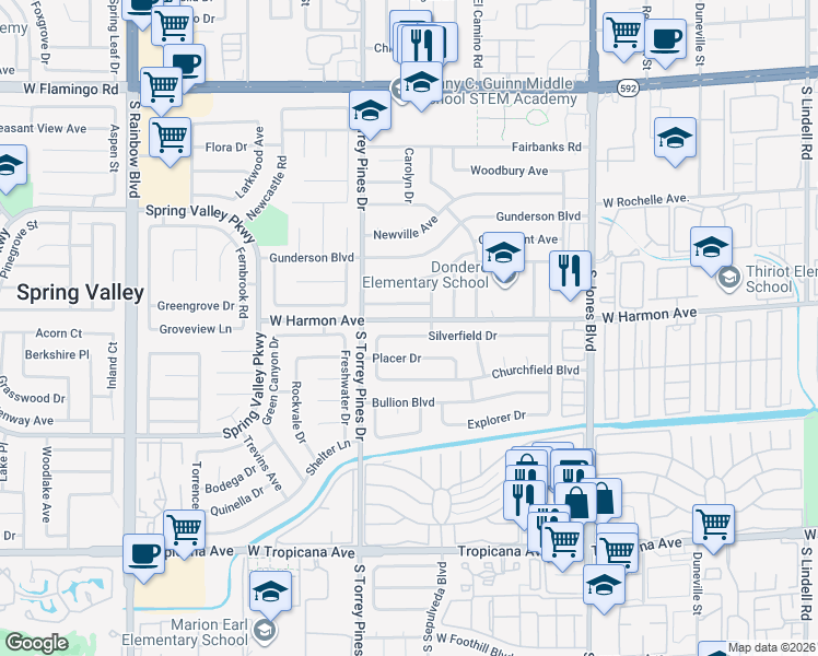 map of restaurants, bars, coffee shops, grocery stores, and more near 6389 Silverfield Drive in Las Vegas