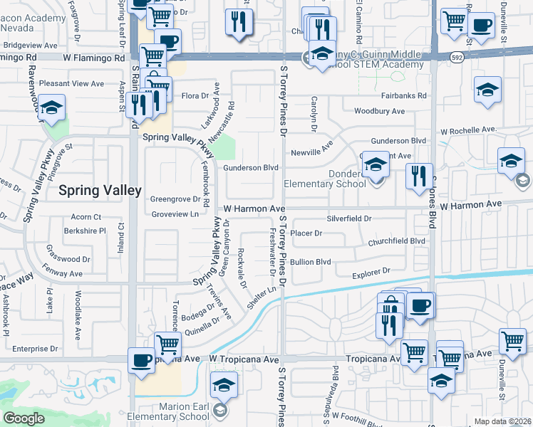 map of restaurants, bars, coffee shops, grocery stores, and more near 4530 Freshwater Drive in Las Vegas