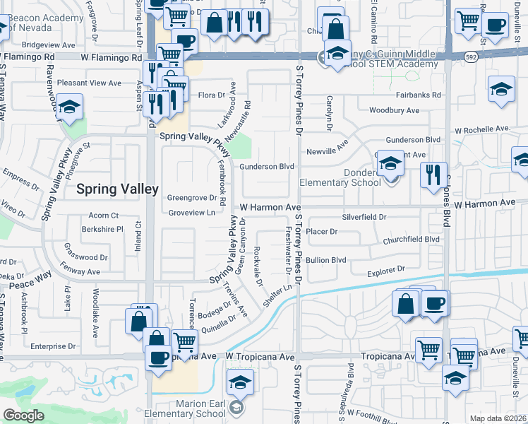 map of restaurants, bars, coffee shops, grocery stores, and more near 6593 Peachtree Lane in Las Vegas