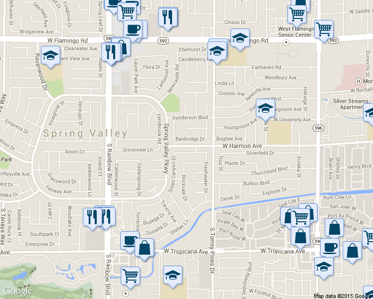 map of restaurants, bars, coffee shops, grocery stores, and more near 6593 Peachtree Lane in Las Vegas
