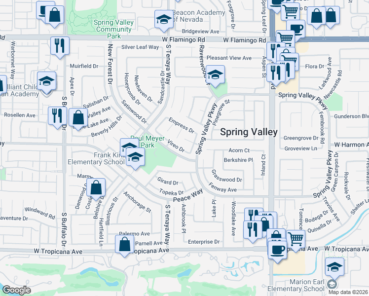 map of restaurants, bars, coffee shops, grocery stores, and more near 7259 Vireo Drive in Las Vegas