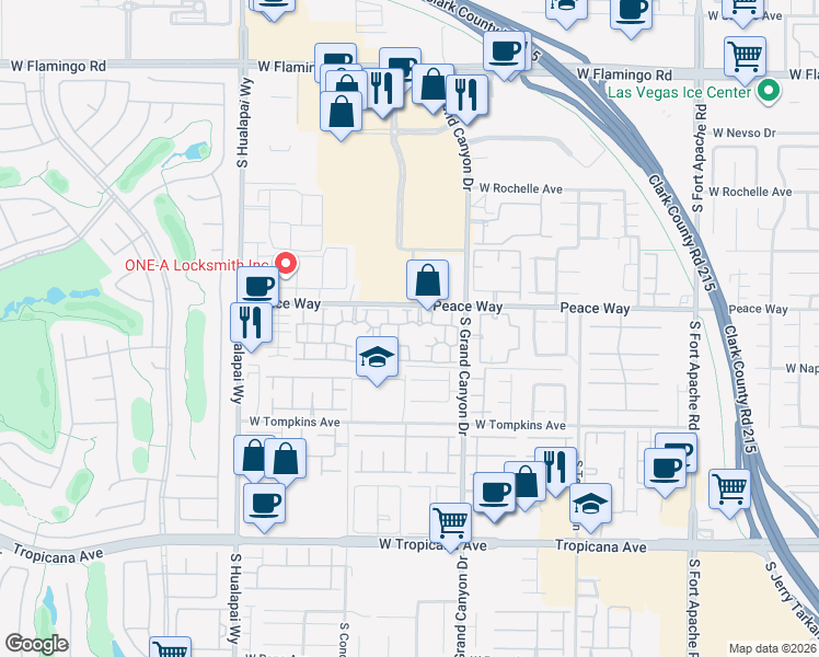 map of restaurants, bars, coffee shops, grocery stores, and more near 9975 Peace Way in Las Vegas