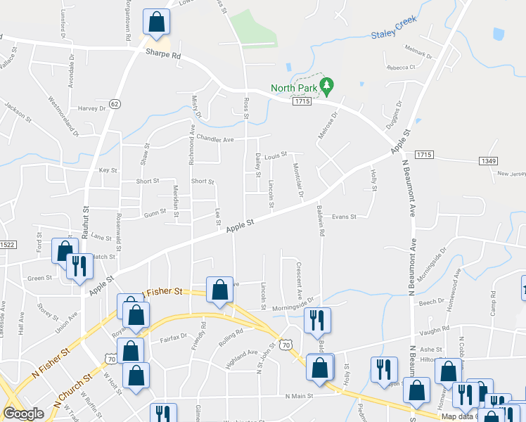 map of restaurants, bars, coffee shops, grocery stores, and more near 1013 Apple Street in Burlington