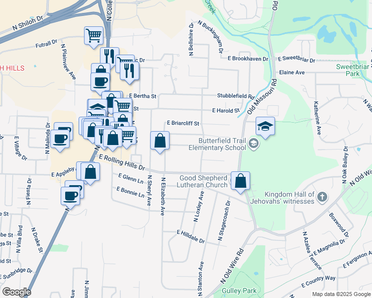 map of restaurants, bars, coffee shops, grocery stores, and more near 1511 East Eton Street in Fayetteville