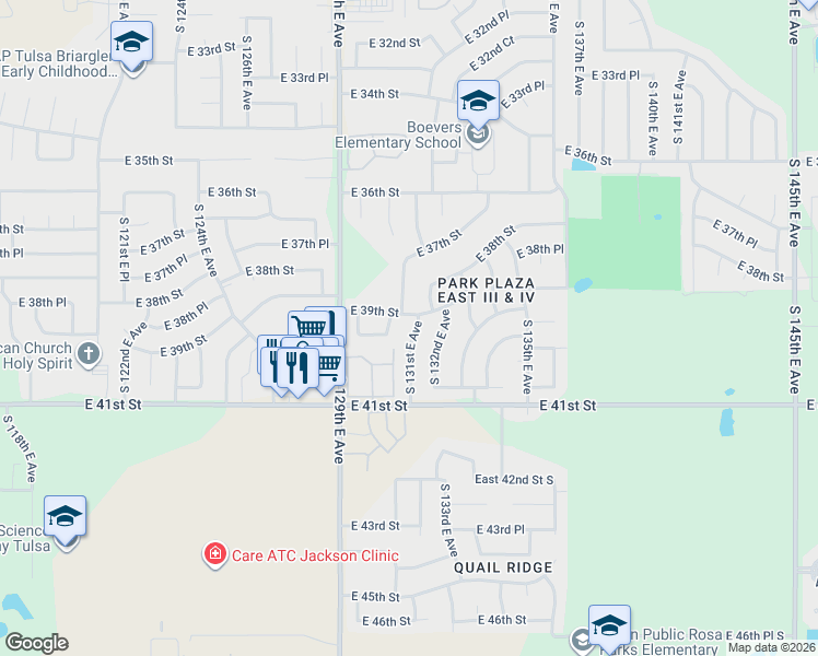 map of restaurants, bars, coffee shops, grocery stores, and more near 3916 South 131st East Avenue in Tulsa