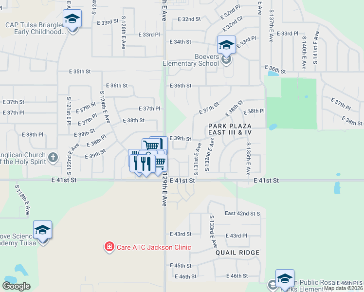 map of restaurants, bars, coffee shops, grocery stores, and more near 13022 South 130th East Avenue in Tulsa