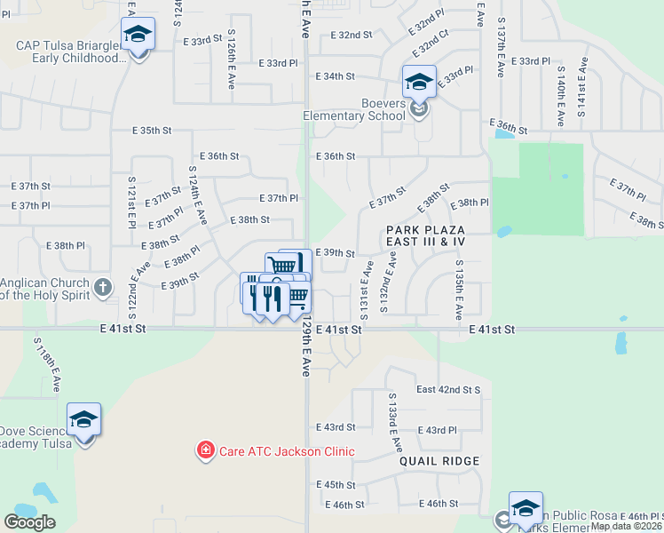 map of restaurants, bars, coffee shops, grocery stores, and more near 13022 South 130th East Avenue in Tulsa