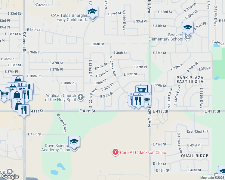 map of restaurants, bars, coffee shops, grocery stores, and more near 12336 East 39th Street in Tulsa