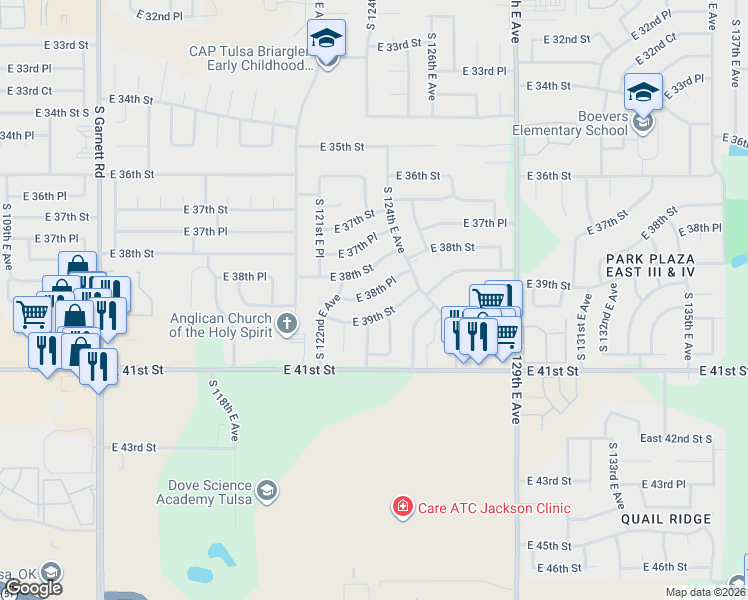map of restaurants, bars, coffee shops, grocery stores, and more near 12301 East 39th Street in Tulsa