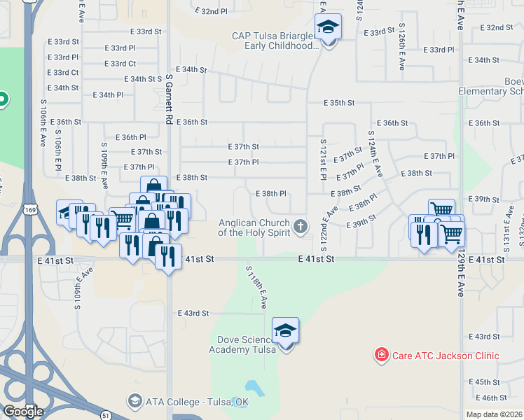map of restaurants, bars, coffee shops, grocery stores, and more near 3863 South 118th East Avenue in Tulsa