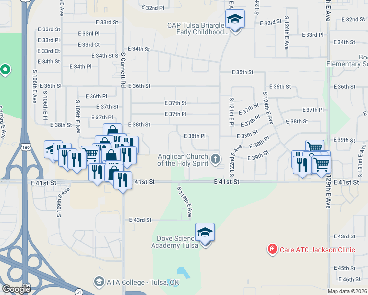 map of restaurants, bars, coffee shops, grocery stores, and more near 3863 South 118th East Avenue in Tulsa