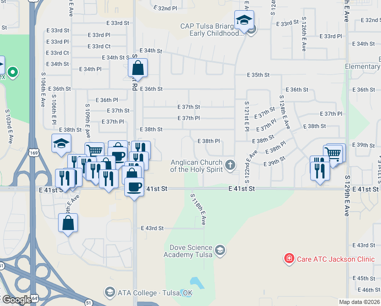 map of restaurants, bars, coffee shops, grocery stores, and more near 3851 South 117th East Avenue in Tulsa