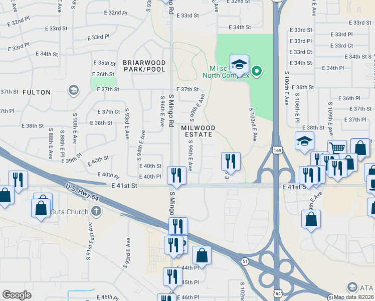 map of restaurants, bars, coffee shops, grocery stores, and more near 3853 South 98th East Avenue in Tulsa