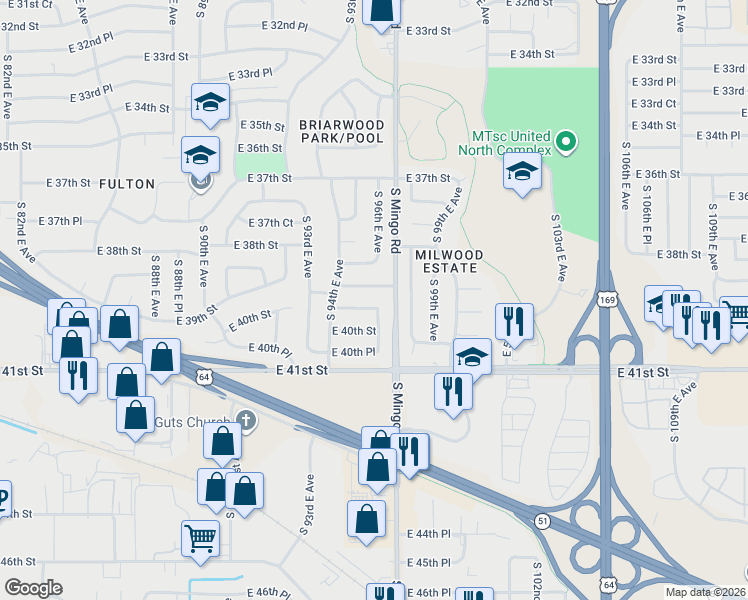 map of restaurants, bars, coffee shops, grocery stores, and more near 3927 East 39th Place in Tulsa