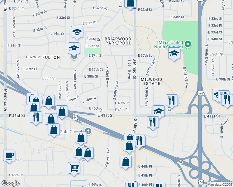 map of restaurants, bars, coffee shops, grocery stores, and more near 9414 East 39th Place in Tulsa