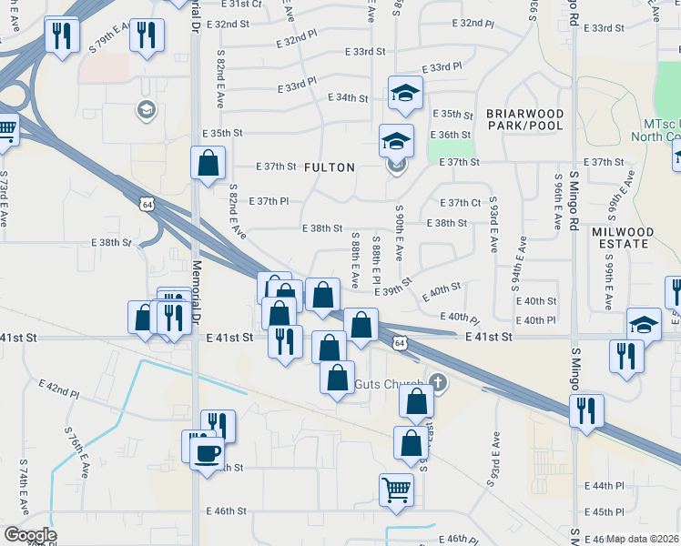 map of restaurants, bars, coffee shops, grocery stores, and more near 3843 South 87th East Avenue South in Tulsa